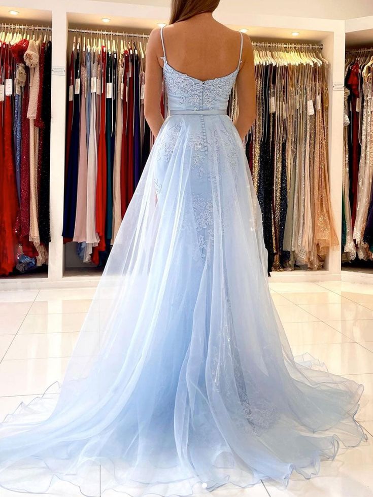 Blue mermaid lace tulle long prom dress, blue evening dress  TP25