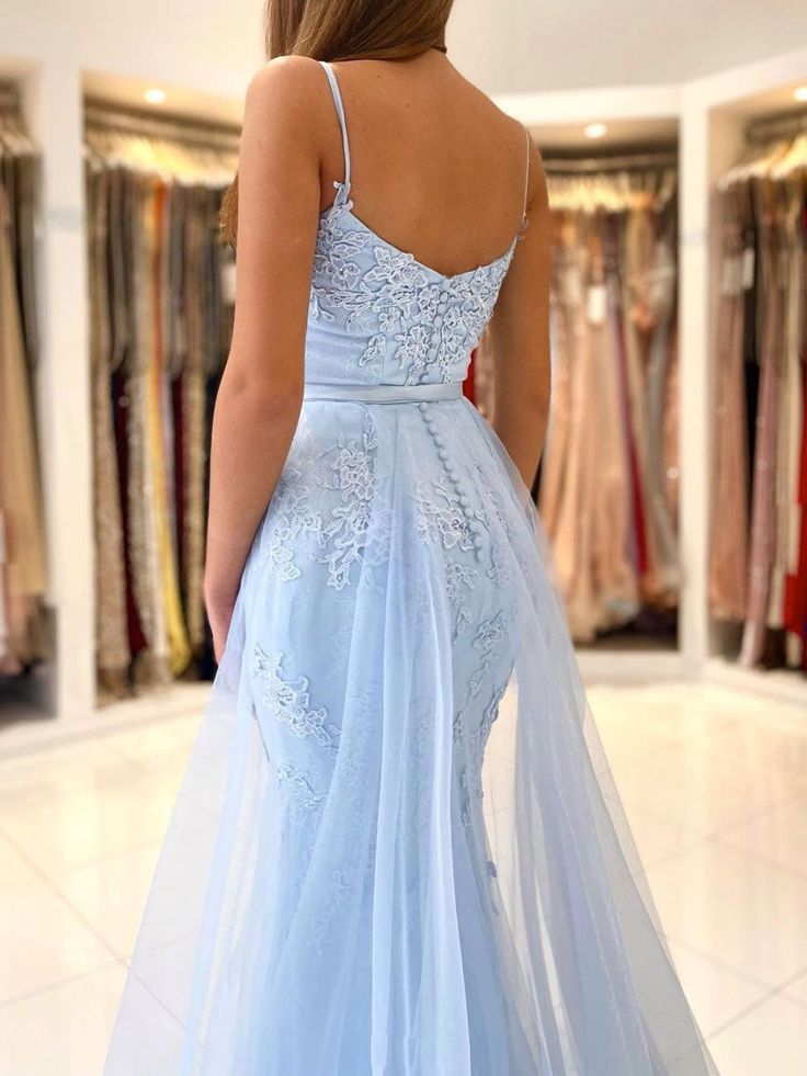 Blue mermaid lace tulle long prom dress, blue evening dress  TP25