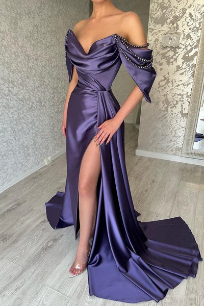 GLAMOROUS LONG PURPLE OFF-THE-SHOULDER SLEEVELESS EVENING PARTY GOWNS LONG SLIT   TP63