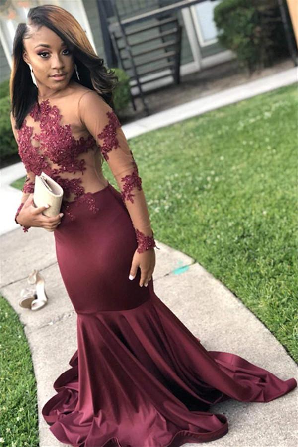 Burgundy Evening Gowns Long Sleeves Open Back Sheer Appliques Mermaid Prom Dresses TP51