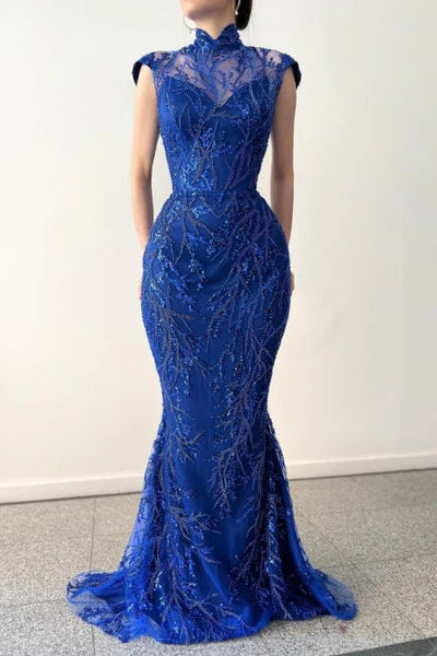 CLASSY LONG ROYAL BLUE HIGH NECK LACE SLEEVELESS EVENING PARTY GOWNS WITH DETACHABLE TRAIN    TP68