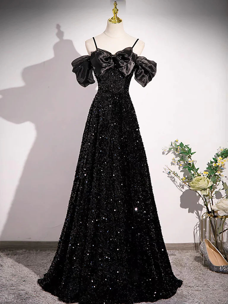 A-line Off Shoulder Velvet Sequin Long Prom Dress, Black Long Formal Dress  TP27