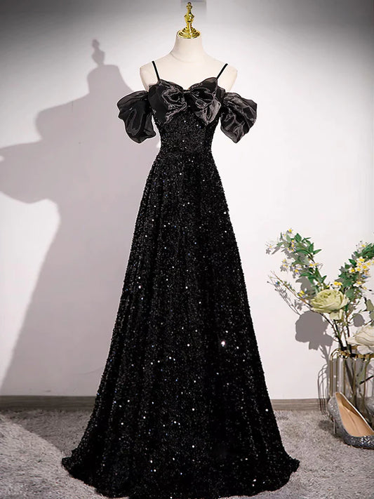 A-line Off Shoulder Velvet Sequin Long Prom Dress, Black Long Formal Dress  TP27