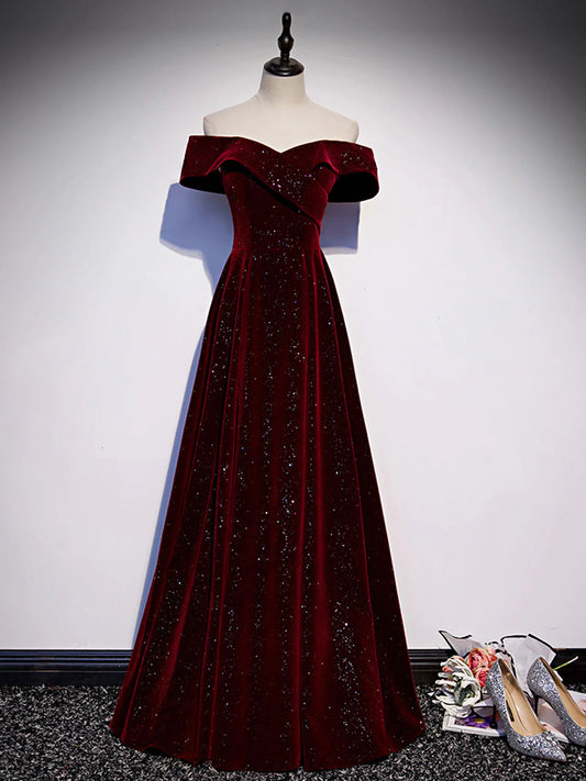 A-Line Off Shoulder Velvet Burgundy Long Prom Dress, Burgundy Formal Dress  TP26