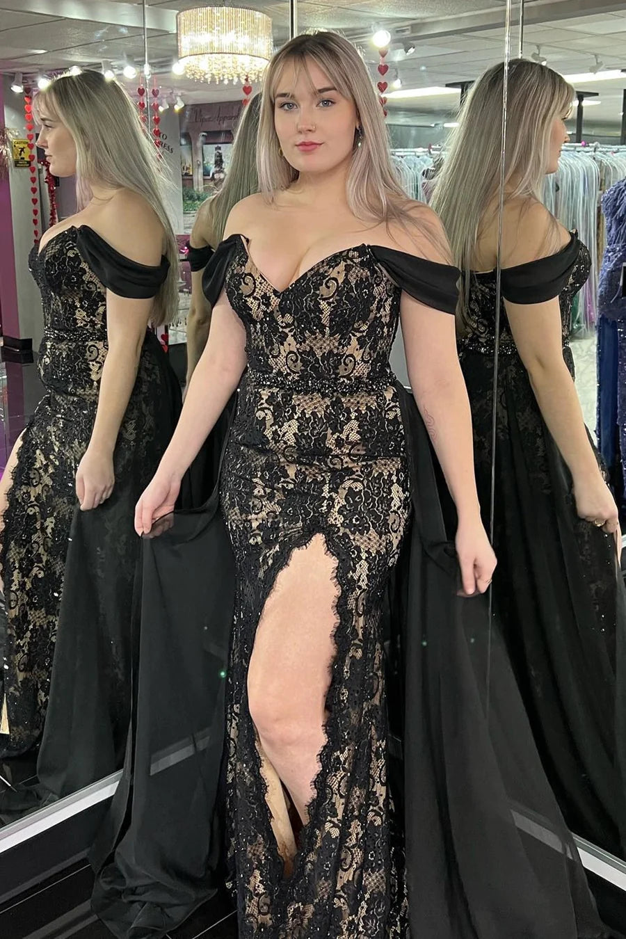 Mermaid Black Lace Off-the-Shoulder Long Prom Gown with Attached Train   TP73