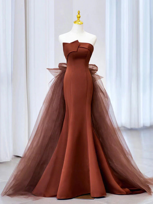 Brown Mermaid Satin Tulle Long Prom Dress, Brown Long Evening Dress TP29