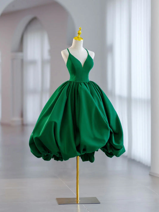 Green Ball Gown Satin Short Prom Dress, Green Satin Evening Dress TP35