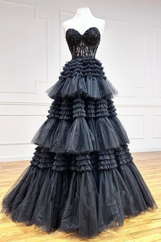 Black Tulle Sweetheart Tiered A-Line Long Prom Dress with Ruffles   TP74