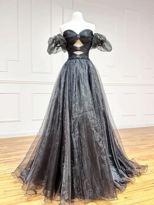 Black A-Line Off Shoulder Tulle Long Prom Dress, Black Formal Evening Dress TP33