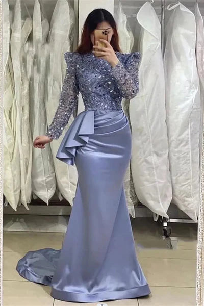 Elegant lavender long mermaid high neck beading  evening party gowns with long sleeves TP53