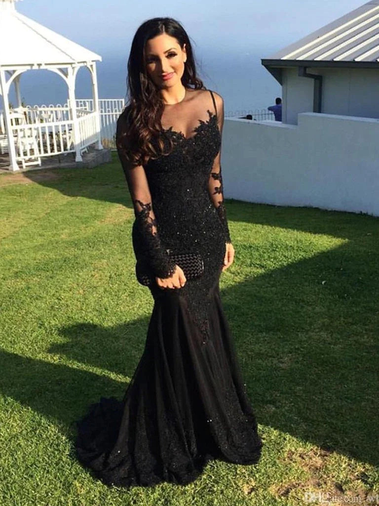 Long Sleeves Mermaid Lace Black Prom Dress, Lace Black Mermaid Formal Dress, Evening Dress, Party Dress TP18