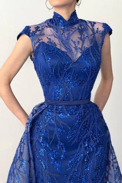 CLASSY LONG ROYAL BLUE HIGH NECK LACE SLEEVELESS EVENING PARTY GOWNS WITH DETACHABLE TRAIN    TP68