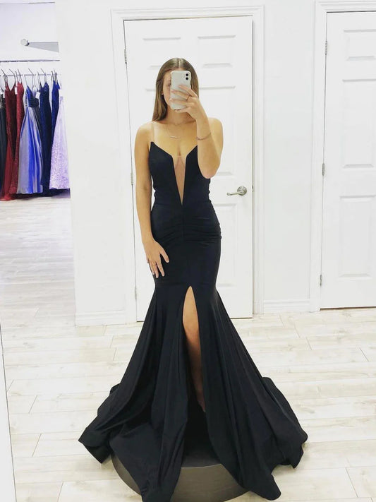 Simple Black satin long prom dress, black evening dress TP42