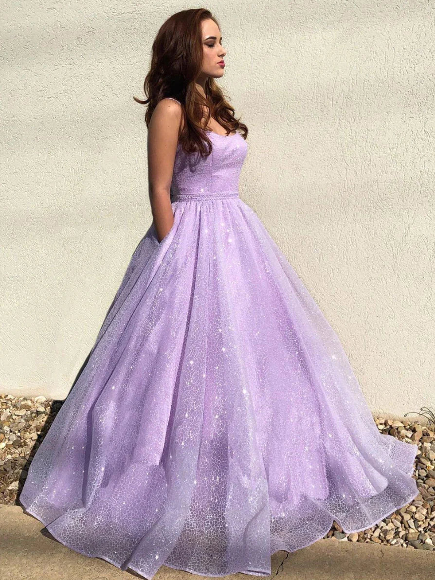 Purple tulle sequin long prom dress, purple tulle evening dress TP45