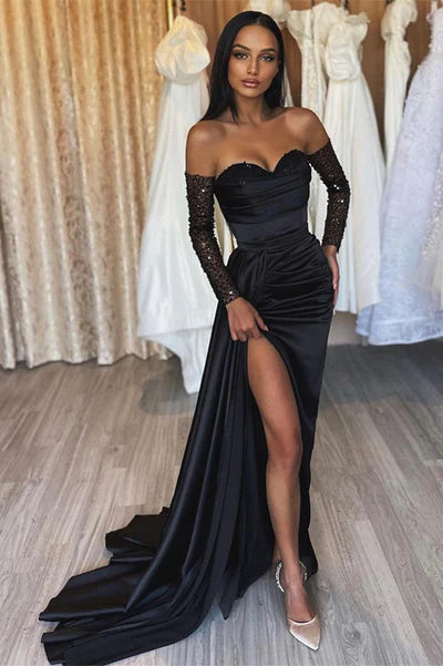 AMAZING LONG BLACK MERMAID FRONT SPLIT LONG SEQUINS EVENING PARTY GOWNS   TP65