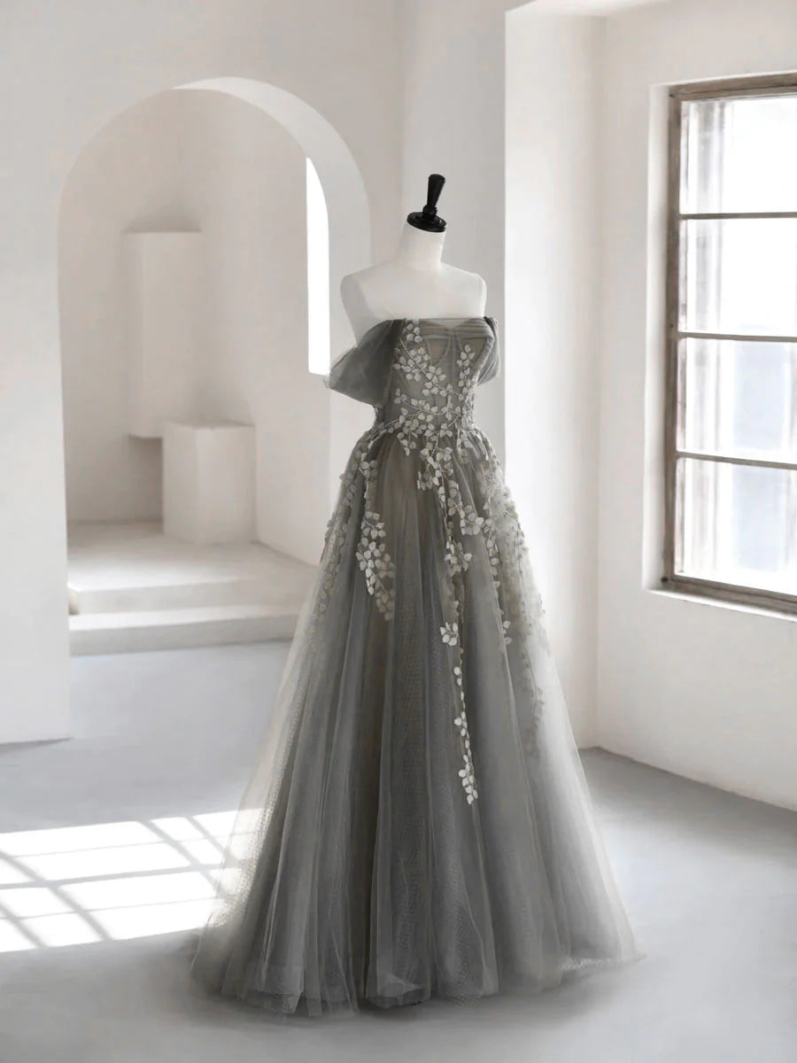 A-Line Off Shoulder Tulle Lace Gray Long Prom Dress, Gray Tulle Lace Formal Dress TP31