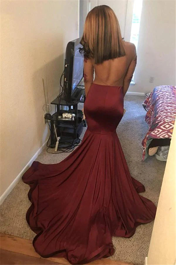 Burgundy Evening Gowns Long Sleeves Open Back Sheer Appliques Mermaid Prom Dresses TP51