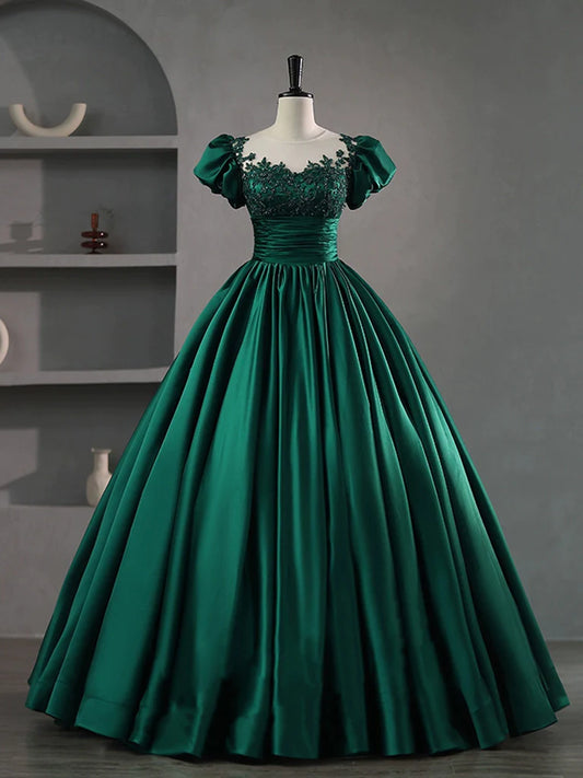 Green Round Neck Satin Lace Long Prom Dress, Green Lace Formal Dress TP32