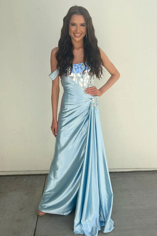 Light Blue One-Shoulder Ruching Long Formal Dress with Broken Mirrors   TP79