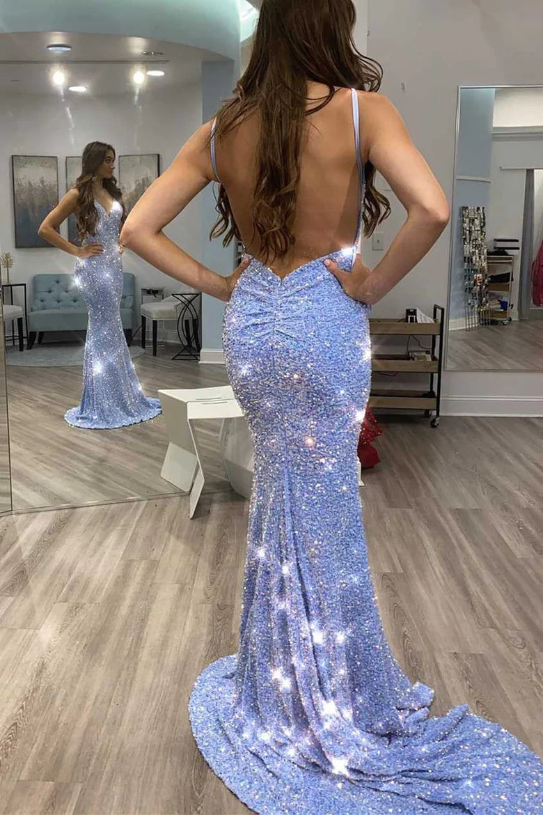 Shiny Blue Sequins Mermaid Long Formal Dress  TP77