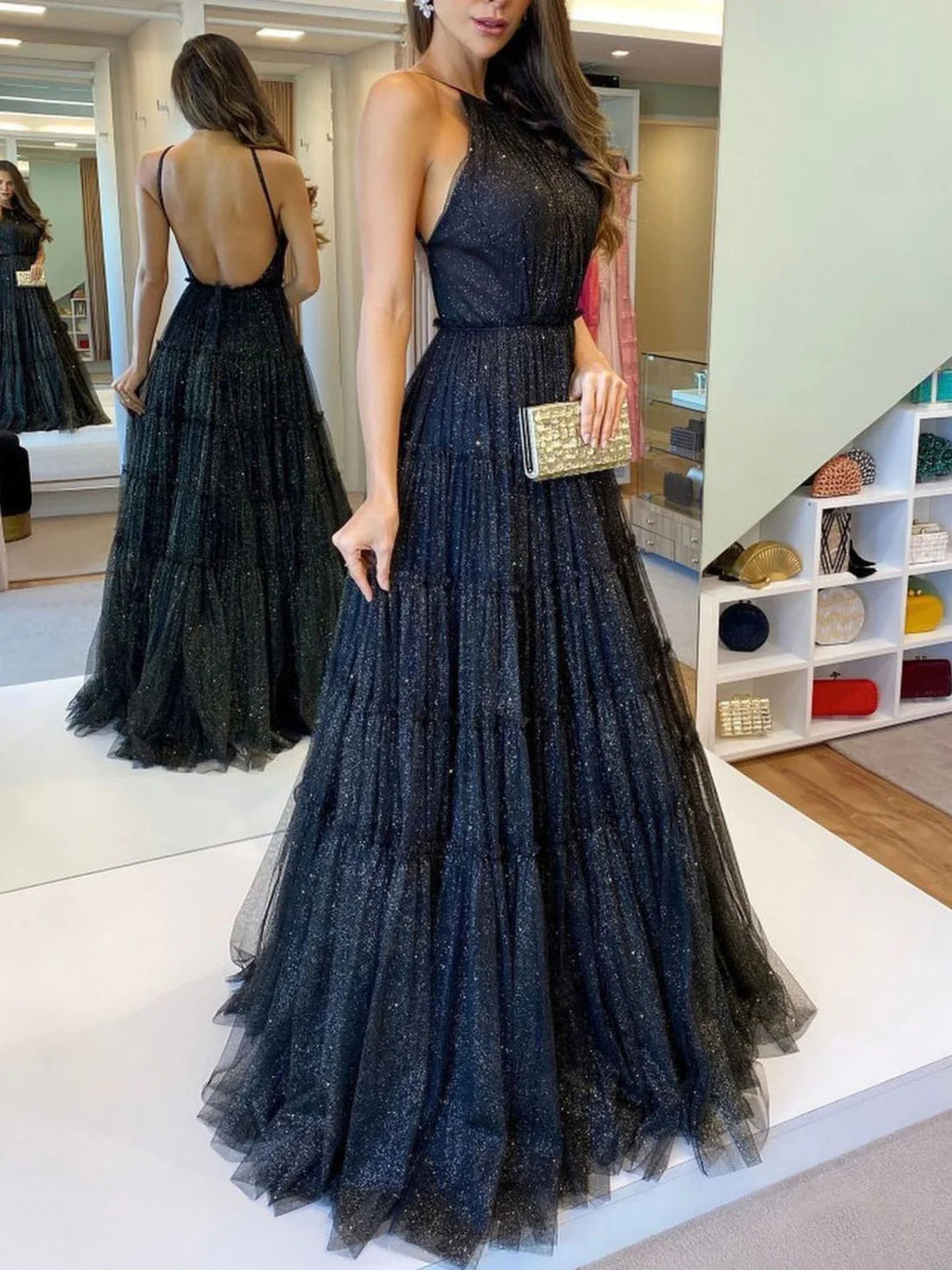 Black A-line tulle long prom dress black tulle formal party dress TP39