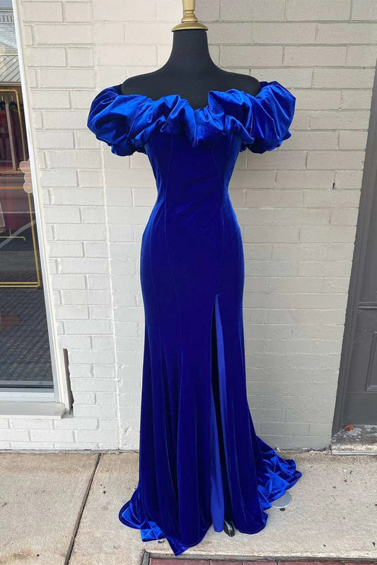 Royal Blue Off-the-Shoulder Ruffled Mermaid Long Prom Dress   TP70