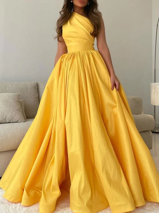 Simple yellow one shoulder satin long prom dress, yellow formal dress TP38