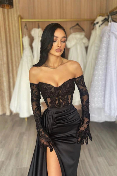 CLASSY LONG BLACK OFF-THE-SHOULDER LACE MERMAID LONG SLEEVES EVENING PARTY GOWNS LONG SLIT    TP66