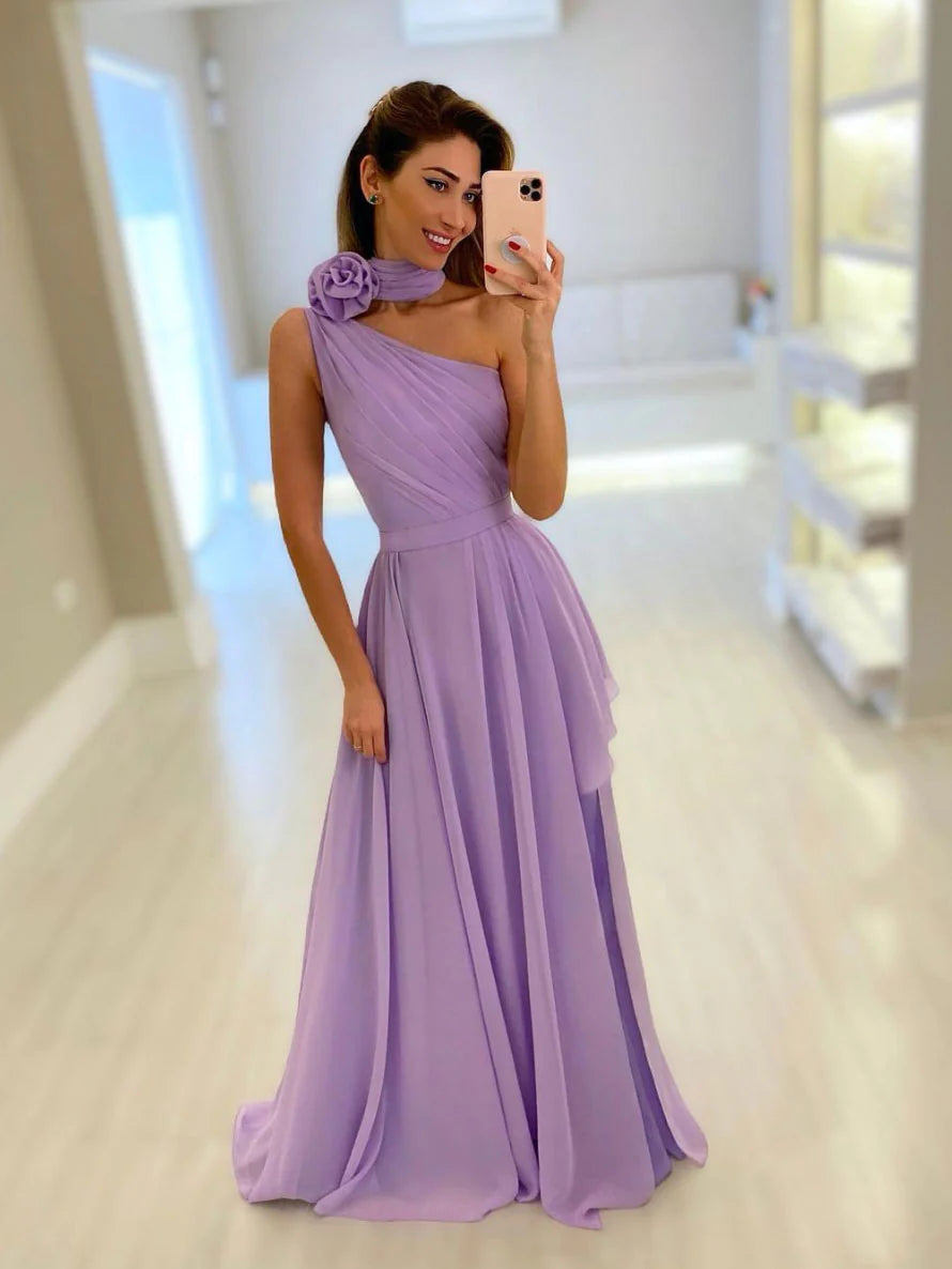 Simple purple one shoulder chiffon long prom dress, purple evening dress TP43