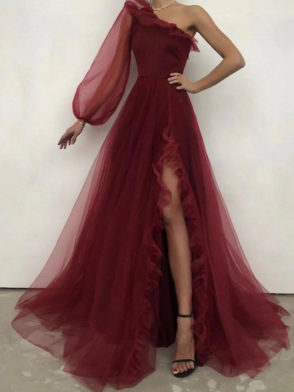 Simple burgundy one shoulder long prom dress, burgundy evening dress TP41