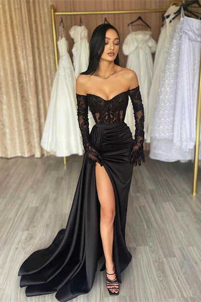 CLASSY LONG BLACK OFF-THE-SHOULDER LACE MERMAID LONG SLEEVES EVENING PARTY GOWNS LONG SLIT    TP66