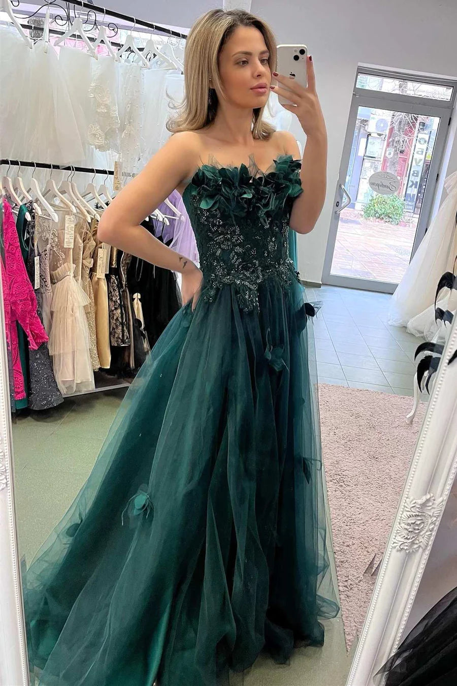 Strapless Hunter Green 3D Floral Lace A-Line Prom Dress with Slit   TP78