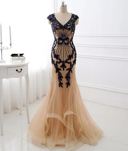 Champagne v neck lace applique mermaid long prom dress TP49