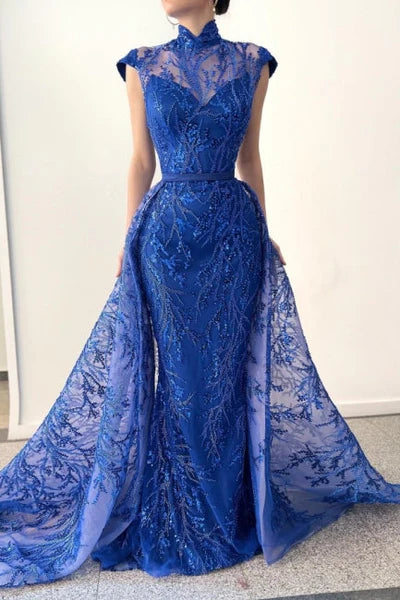 CLASSY LONG ROYAL BLUE HIGH NECK LACE SLEEVELESS EVENING PARTY GOWNS WITH DETACHABLE TRAIN    TP68