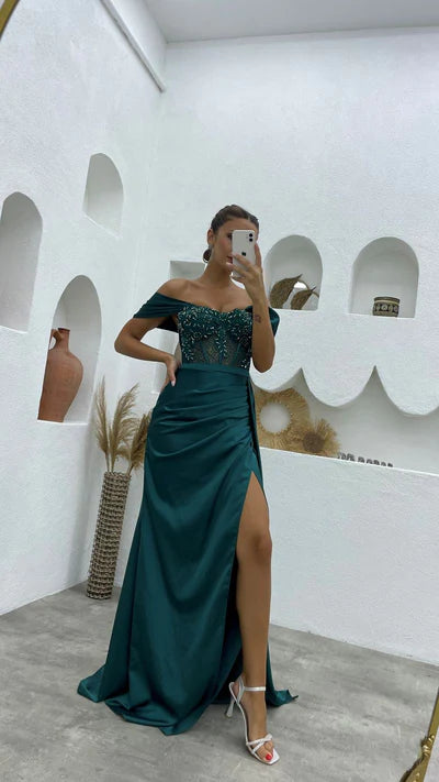 NEW ARRIVAL OFF-THE-SHOULDER SLEEVELESS MERMAID EVENING PARTY GOWNS LONG SLIT TP54