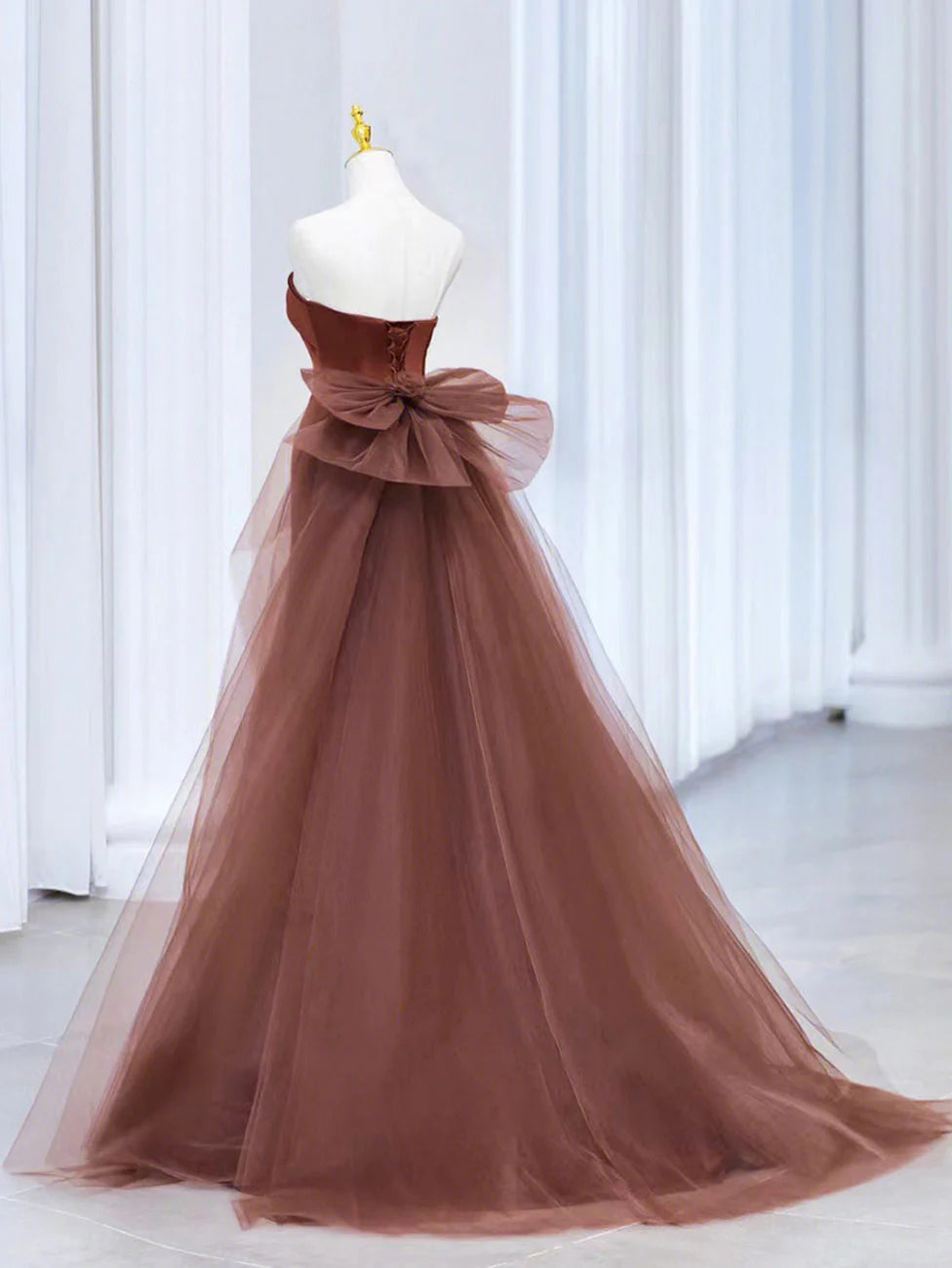 Brown Mermaid Satin Tulle Long Prom Dress, Brown Long Evening Dress TP29