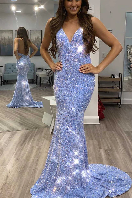 Shiny Blue Sequins Mermaid Long Formal Dress  TP77