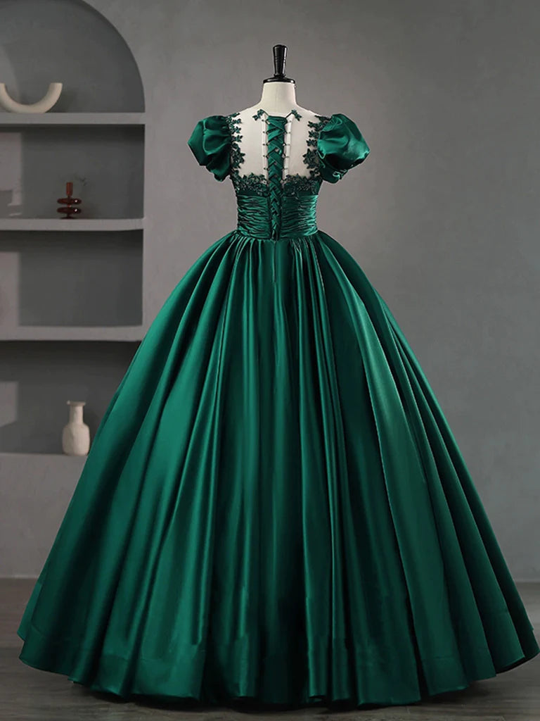 Green Round Neck Satin Lace Long Prom Dress, Green Lace Formal Dress TP32