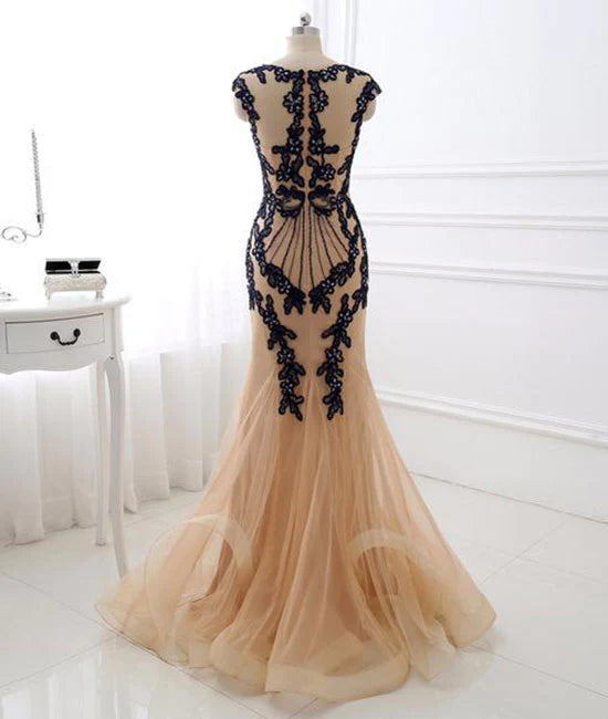 Champagne v neck lace applique mermaid long prom dress TP49