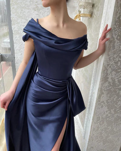 AMAZING LONG NAVY OFF-THE-SHOULDER MERMAID EVENING PARTY GOWNS LONG SLIT TP56