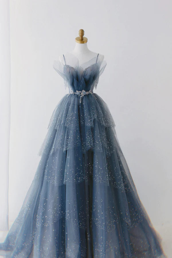 Gorgeous Blue Sparkly Tulle Beaded Prom Dress, Tiered Formal Gown With Rhinestone Tp01