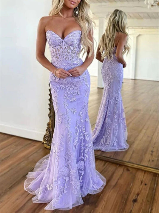 Mermaid Strapless Purple Lace Long Prom Dress, Purple Lace Formal Dress, Long Purple Evening Dress TP15