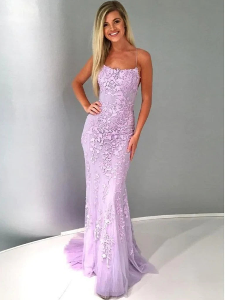 Unique Backless Mermaid Lavender Spaghetti Straps Lace Prom Dress with Appliques, Mermaid Purple Lace Formal Evening Dress TP17