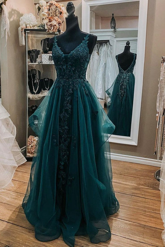 V Neck Open Back Dark Green Lace Beaded Long Prom Dresses, Dark Green Lace Formal Dresses, Dark Green Evening Dresses   Tp07