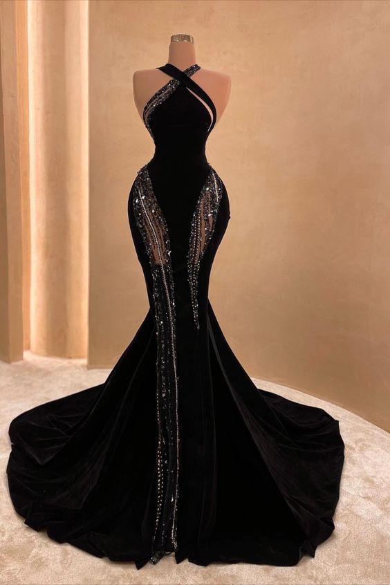 Sexy Black Halter Neck Long Mermaid Velvet Evening Dresses TP10