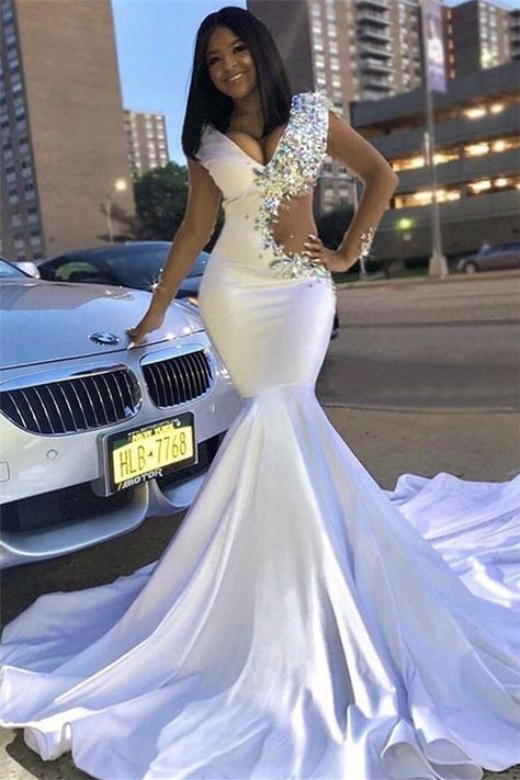 Hot Mermaid Rhinestones Satin Prom Dress V-Neck Sweep Train  Tp09