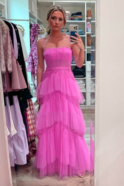 Hot Pink New Style Spaghetti Straps Floor Length Prom Dress with Ruffles   TP80