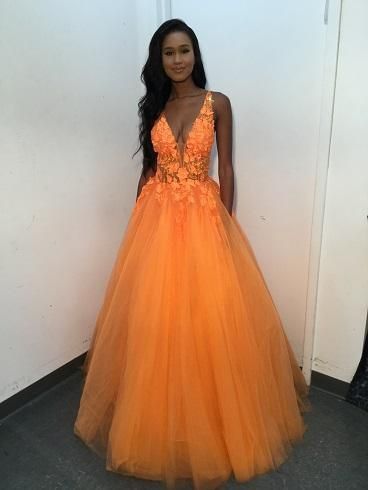 Orange tulle lace long A line prom dress evening dress TP86