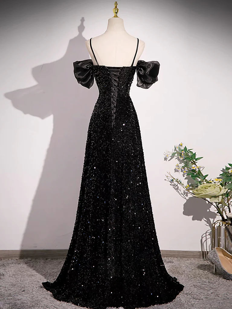 A-line Off Shoulder Velvet Sequin Long Prom Dress, Black Long Formal Dress  TP27