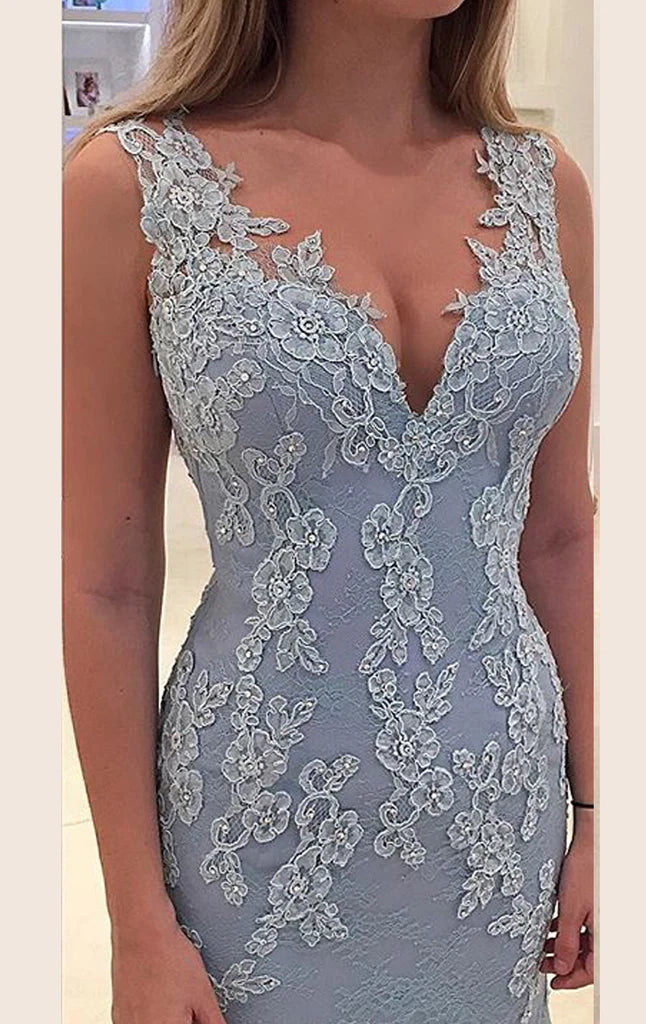 Mermaid Straps V Neck Lace Maxi Prom Dress Sky Blue Formal Gown TP23